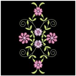 Floral design with intricate pink flowers and green leaves, set on a black background, perfect for embroidery.