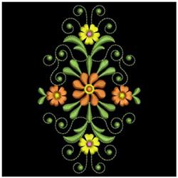 Vibrant floral design featuring colorful flowers and intricate swirling leaves on a striking black background.