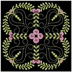 Floral design featuring detailed green leaves and vibrant pink flowers intertwined with swirling vines on a black background.