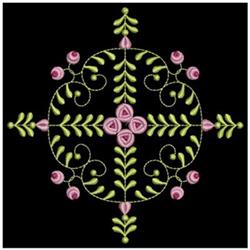 Floral design featuring elegant pink roses and green leaves on a black background, detailed quilting pattern.