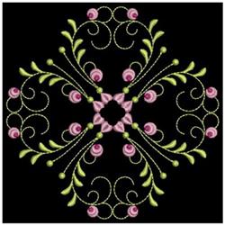 Floral design with detailed pink roses and swirling green vines on a black background, perfect for quilting.