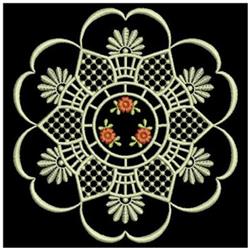 Ornate floral design with intricate detailing, featuring rich cream and orange hues, surrounded by lace patterns.