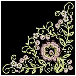 Elegant floral design featuring intricate pink flowers, swirling vines, and detailed leaves on a black background.