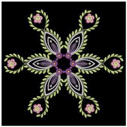 Intricate floral design featuring purple leaves and pink flowers on a black background. Quilting pattern.
