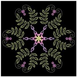 Floral design with elegant green leaves and purple flowers in a symmetrical star pattern on a black background.