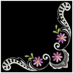 Floral design featuring pink flowers and green leaves, with elegant swirls and black-and-white stripes, ideal for quilting.