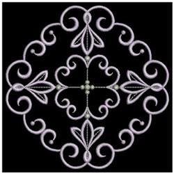 Ornamental design featuring detailed floral motifs and swirls in pastel colors against a black background, perfect for quilti