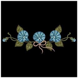 Contemporary floral design featuring blue flowers and green leaves, accented by a pink bow on a black background.