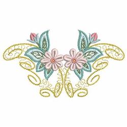 Floral design with pink flowers and green leaves, featuring whimsical yellow swirls, perfect for quilting.