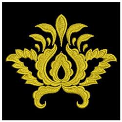 Floral motif featuring intricate golden yellow embroidery on a black background, with detailed swirling leaves and petals.