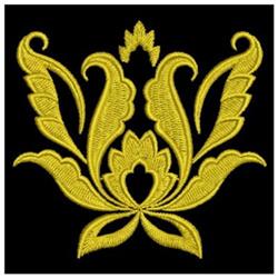 Elegant floral motif with detailed golden leaf patterns, showcasing symmetry on a black background.