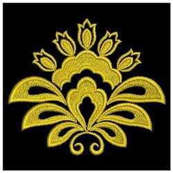 Floral design featuring vibrant yellow flowers with intricate swirls on a black background, ideal for quilting.