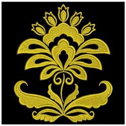 Floral design with rich gold petals and elegant curved leaves, set against a black background.