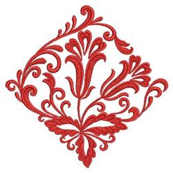 Floral design featuring ornate red flowers, swirling vines, and intricate details in a diamond shape.