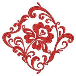 Detailed floral design featuring a vibrant red flower, intricate swirls, and leaves, ideal for quilting.