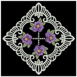 Floral design with purple flowers and white ornamental patterns on a black background, elegant and decorative style.