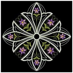 Floral design with elegant circular motif, intricate purple flowers, and green leaves on a black background.