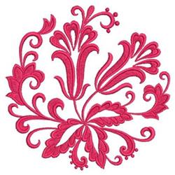 Elegant floral design featuring magenta flowers and swirling patterns in a detailed circular arrangement.