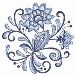 Elegant floral design featuring detailed blue blooms, delicate leaves, and swirling vines, perfect for machine embroidery.