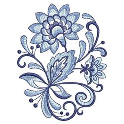 Elegant floral design featuring intricate blue flowers, swirling vines, and detailed leaves, perfect for quilting.