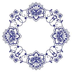 Intricate floral design showcasing deep blue flowers and delicate curly vines in a symmetrical arrangement.