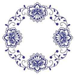 Floral design featuring large, intricate flowers and swirling vines in dark blue on white. Ornate decorative composition.