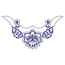 Traditional floral design with a central flower, smaller blooms, and leaves in deep blue, framed by elegant curves.