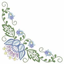 Floral design featuring a large blue flower with lighter petals, green leaves, and small purple flowers. Elegant and colorful