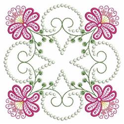 Floral design featuring pink and white flowers, elegant swirls, and pearl accents, perfect for quilting.