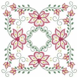 Floral design with pink and cream flowers, green leaves, and swirling vines. Elegant and intricate for quilting.