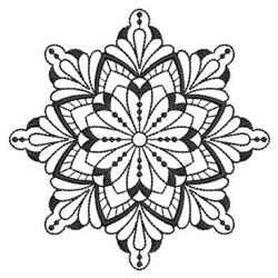 Quilting floral design with intricate layered petals, delicate leaves, and ornamental shapes in a monochromatic style.