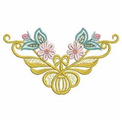 Elegant decorative embroidery design featuring flowing curves and floral motifs in pastel hues for spring-themed quilting.
