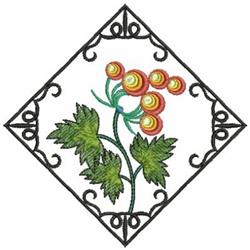 Stylized flower with red petals and green leaves in a decorative black frame, ideal for quilting.