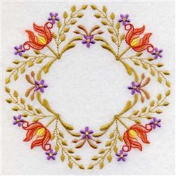 Floral design with vibrant red and purple blooms framed by green leaves, showcasing a decorative quilting style.