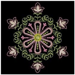Floral design featuring pink flowers and green leaves, with a vibrant yellow center, set on a black background.