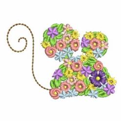 Whimsical mouse created from vibrant flowers in pink, purple, and yellow, featuring a swirling tail. Perfect for playful deco