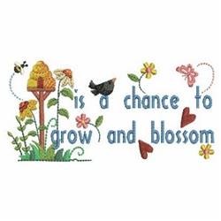 Playful text phrase surrounded by bright flowers, a buzzing bee, and a colorful bird, perfect for spring.