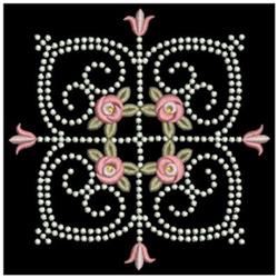 Floral design featuring pink roses and white scrollwork on a black background, ornate and detailed.