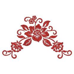 Ornate floral embroidery design featuring vibrant red flowers and elegant swirls, perfect for spring decor.