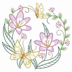 Delicate floral quilting design featuring pink flowers, yellow butterflies, and green leaves in spring.