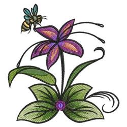 Colorful flower with purple and orange hues, detailed leaves, and a bee, celebrating spring nature in vibrant embroidery.