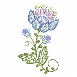 Whimsical flower with blue and purple layered petals, green leaves, and winding stem, perfect for spring quilting.