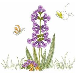Whimsical flower with vibrant purple petals, colorful butterfly and bee, set against green grass, perfect for spring quilting
