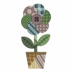 Playful flower in soft colors of green and blue, with textured leaves in a decorative pot, perfect for quilting.