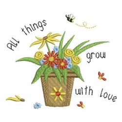 Whimsical flower pot with vibrant flowers and the text 'All things grow with Love', adorned by a playful bee in spring.