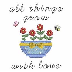 Colorful flower pot design featuring red flowers, a yellow bow, and tiny butterfly and bee, perfect for spring decor.