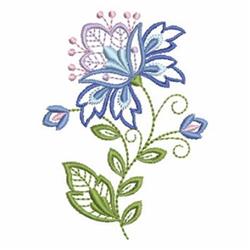 Beautiful flower with large blue petals, green leaves, and pink accents, designed for spring quilting.