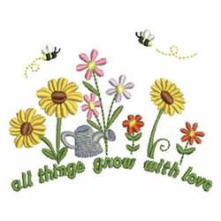 Whimsical spring scene of flowers with bees and a watering can, featuring vibrant yellow and pink blooms.