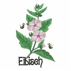 Whimsical flowering plant with pink flowers and green leaves, playful bees buzzing, 'Eibisch' text below.