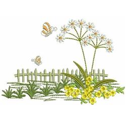 Whimsical spring scene with flowering plants, daisies, and butterflies near a green fence, perfect for quilting.